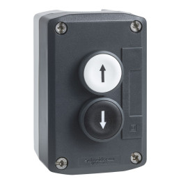Control station, Harmony XALD, XALK, plastic, dark grey lid, 2 flush push buttons 22mm, marked UP ARROW DOWN ARROW, 2NO